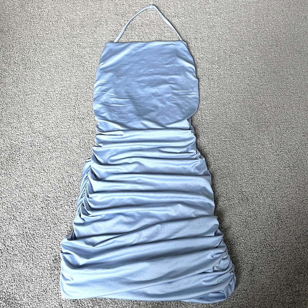 Blue ruched halter dress